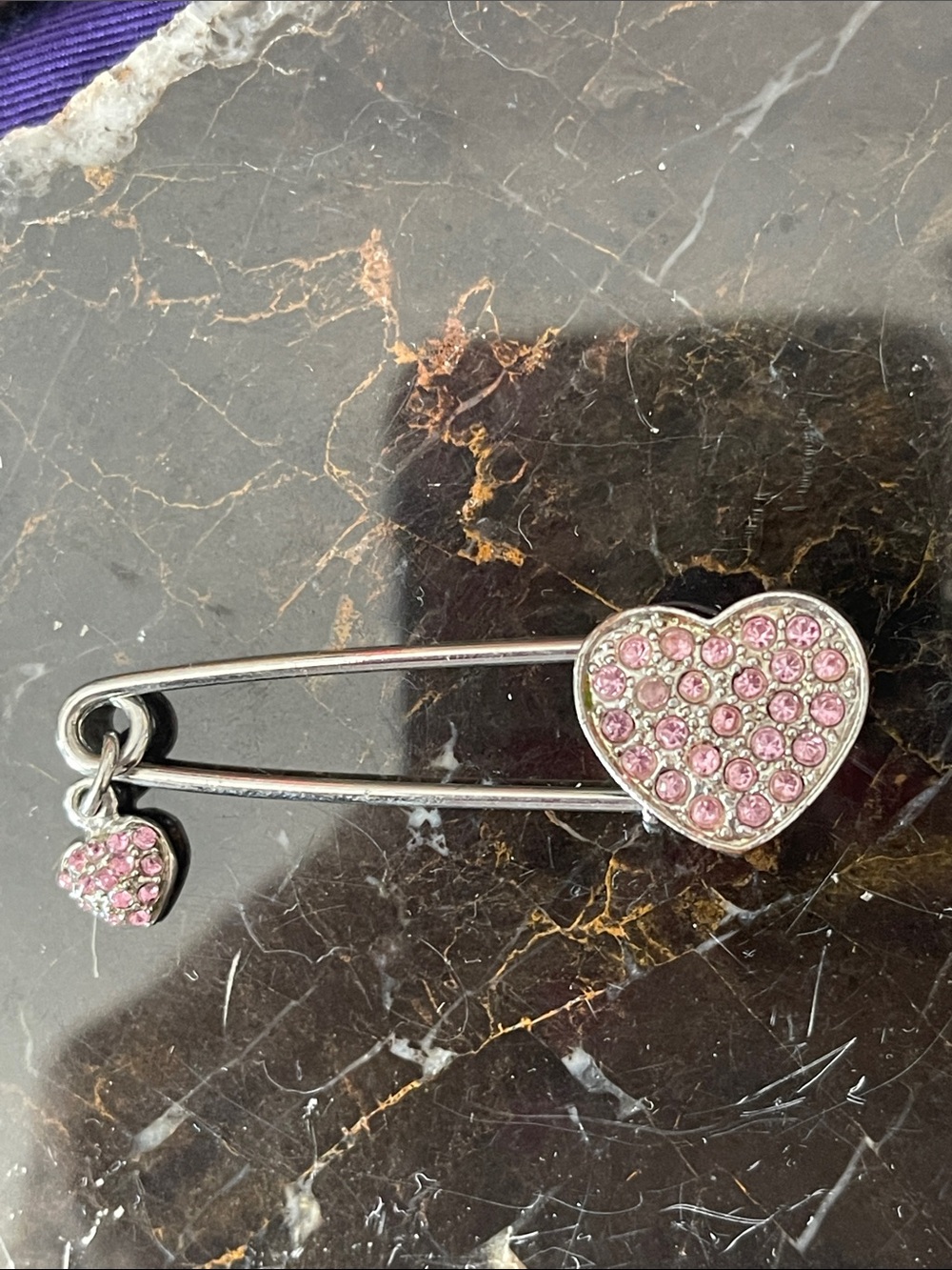 Silver-tone safety pin charm brooch with pink rhinestone hearts - 2”